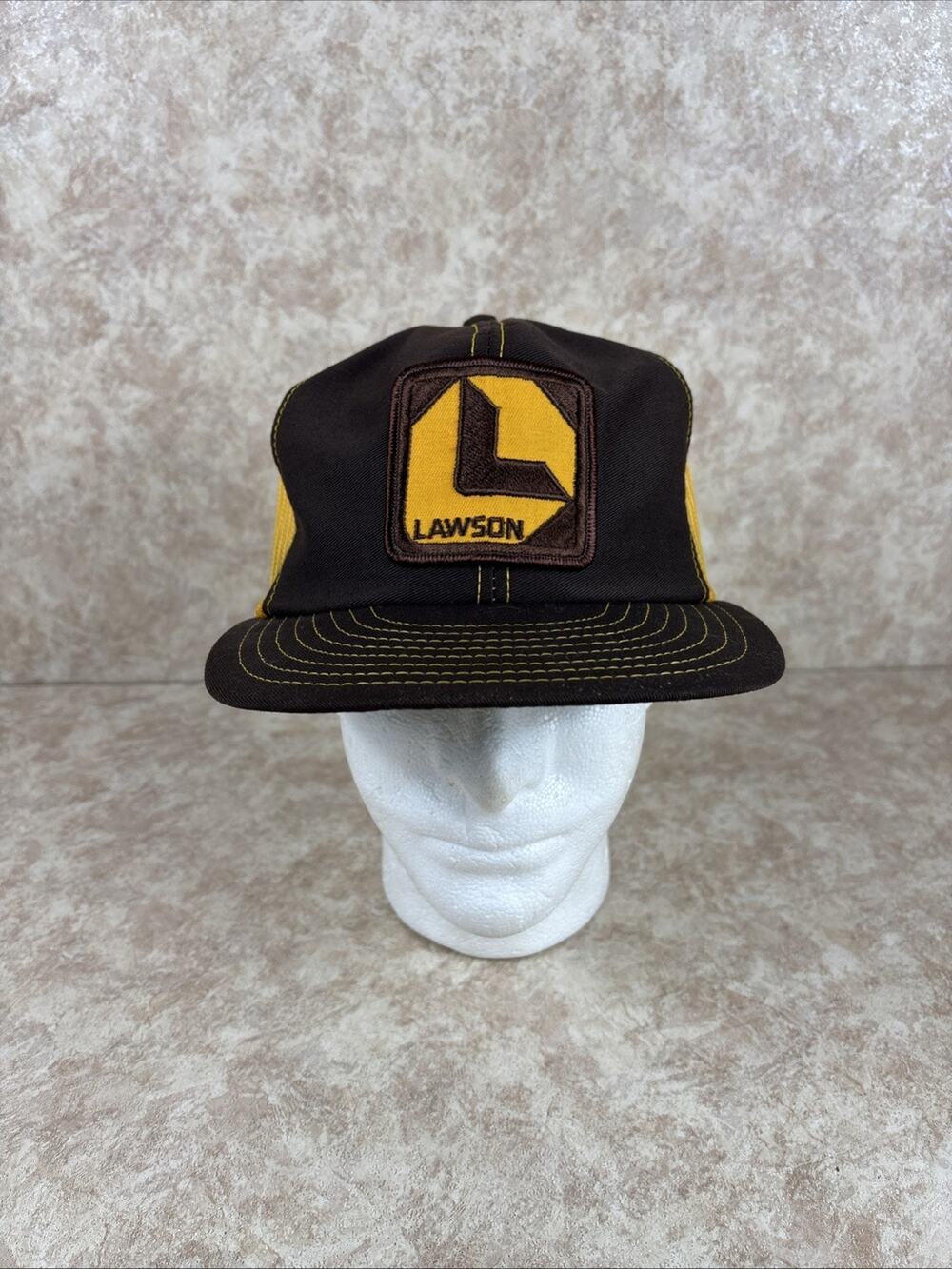 Vintage LawsonTrucker Hat Cap Snap Back Yellow Gold Brown Lawson Patch USA